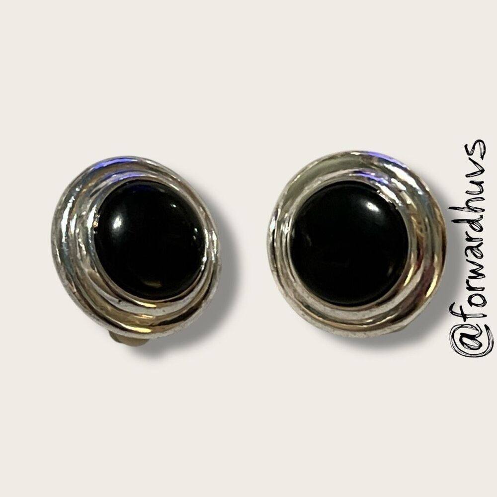 Vintage Silver Tone Clip-On Earrings – Black Accents